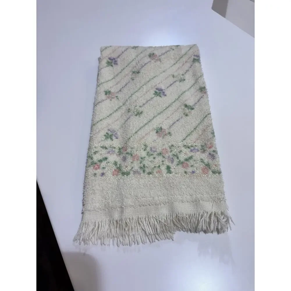 Vintage CANNON Monogrammed T Embroidered Hand Towel Pastel Floral Glam Set